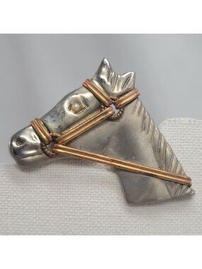 Vtg Horse Head Brooch Pin Silver-Tone Copper Wire Accents Equestrian 3" Artisan